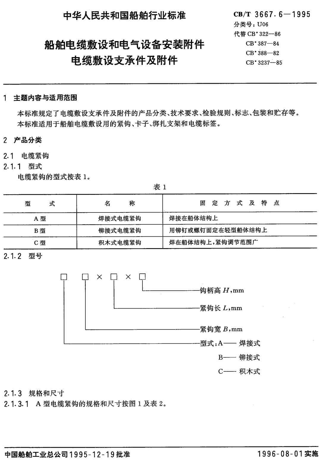 《船舶电缆敷设和电气设备安装附件第6部分：电缆敷设支承件及附件》（CB/T3667.6-1995）【高清无水印PDF版下载】