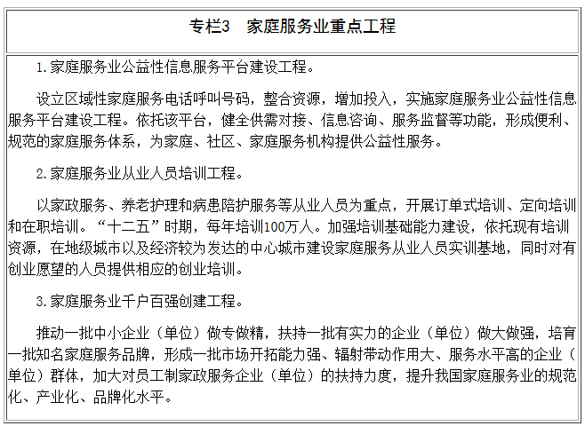 专栏3 家庭服务业重点工程